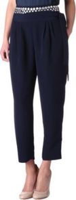 Keaka Pearl Silk Trousers - pattern: plain; style: peg leg; waist detail: wide waistband/cummerbund; waist: high rise; predominant colour: navy; occasions: evening, work, occasion; length: ankle length; fibres: silk - 100%; hip detail: front pleats at hip level; texture group: crepes; fit: tapered; pattern type: fabric; pattern size: standard; embellishment: beading