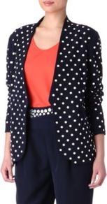 Paulette Pearl Jacket - pattern: plain; style: single breasted tuxedo; collar: shawl/waterfall; fit: loose; length: below the bottom; predominant colour: navy; occasions: evening, work, occasion; fibres: polyester/polyamide - 100%; back detail: back vent/flap at back; sleeve length: long sleeve; sleeve style: standard; texture group: crepes; collar break: low/open; pattern type: fabric; pattern size: standard; embellishment: pearls