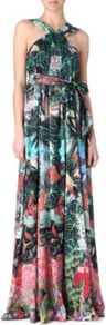 Printed Maxi Dress - fit: fitted at waist; sleeve style: sleeveless; style: maxi dress; neckline: halter neck; back detail: low cut/open back; waist detail: belted waist/tie at waist/drawstring; bust detail: ruching/gathering/draping/layers/pintuck pleats at bust; length: floor length; fibres: silk - 100%; occasions: occasion; hip detail: soft pleats at hip/draping at hip/flared at hip; predominant colour: multicoloured; sleeve length: sleeveless; trends: statement prints; pattern type: fabric; pattern size: big & busy; pattern: florals; texture group: other - light to midweight