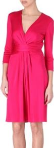Ruched Silk Jersey Dress - style: faux wrap/wrap; neckline: low v-neck; pattern: plain; waist detail: fitted waist; bust detail: ruching/gathering/draping/layers/pintuck pleats at bust; predominant colour: hot pink; occasions: evening, occasion; length: on the knee; fit: fitted at waist & bust; fibres: silk - 100%; sleeve length: 3/4 length; sleeve style: standard; pattern type: fabric; pattern size: standard; texture group: other - light to midweight