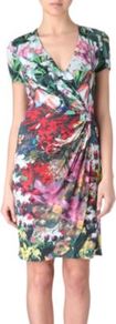 Printed Wrap Style Dress - style: faux wrap/wrap; neckline: low v-neck; waist detail: twist front waist detail/nipped in at waist on one side/soft pleats/draping/ruching/gathering waist detail; length: just above the knee; fit: body skimming; fibres: viscose/rayon - 100%; occasions: occasion; hip detail: soft pleats at hip/draping at hip/flared at hip; predominant colour: multicoloured; sleeve length: short sleeve; sleeve style: standard; trends: high impact florals; pattern type: fabric; pattern size: big & busy; pattern: florals; texture group: jersey - stretchy/drapey