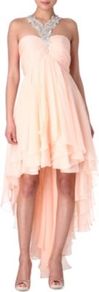 Evangeline Chiffon Prom Dress - fit: empire; pattern: plain; sleeve style: sleeveless; neckline: sweetheart; bust detail: ruching/gathering/draping/layers/pintuck pleats at bust; predominant colour: nude; secondary colour: silver; occasions: evening, occasion; length: just above the knee; style: asymmetric (hem); fibres: polyester/polyamide - 100%; hip detail: soft pleats at hip/draping at hip/flared at hip; back detail: longer hem at back than at front; sleeve length: sleeveless; texture group: sheer fabrics/chiffon/organza etc.; pattern type: fabric; embellishment: beading