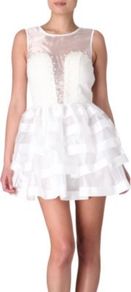 Sophie Organza Prom Dress - length: mini; pattern: plain; sleeve style: sleeveless; style: prom dress; bust detail: sheer at bust; waist detail: fitted waist; shoulder detail: contrast pattern/fabric at shoulder; predominant colour: white; occasions: evening, occasion; fit: fitted at waist & bust; fibres: polyester/polyamide - stretch; neckline: crew; sleeve length: sleeveless; texture group: sheer fabrics/chiffon/organza etc.; hip detail: ruffles/tiers/tie detail at hip; pattern type: fabric