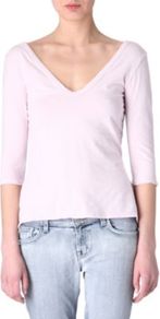 V Neck Top - neckline: low v-neck; pattern: plain; predominant colour: blush; occasions: casual; length: standard; style: top; fibres: cotton - mix; fit: body skimming; sleeve length: 3/4 length; sleeve style: standard; pattern type: fabric; pattern size: standard; texture group: jersey - stretchy/drapey