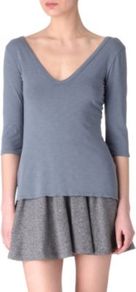 V Neck Top - neckline: low v-neck; pattern: plain; style: t-shirt; predominant colour: denim; occasions: casual; length: standard; fibres: cotton - 100%; fit: body skimming; sleeve length: 3/4 length; sleeve style: standard; pattern type: fabric; pattern size: standard; texture group: jersey - stretchy/drapey