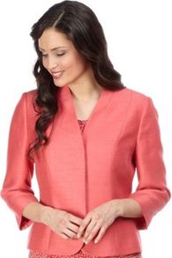 Coral Jacket - pattern: plain; style: single breasted blazer; predominant colour: pink; occasions: evening, occasion; length: standard; fit: tailored/fitted; fibres: polyester/polyamide - 100%; sleeve length: 3/4 length; sleeve style: standard; texture group: structured shiny - satin/tafetta/silk etc.; collar break: medium; pattern type: fabric; pattern size: standard