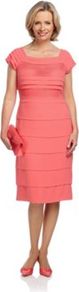 Pink Pleated Shift Dress - style: shift; length: below the knee; fit: tailored/fitted; pattern: plain; waist detail: fitted waist; bust detail: ruching/gathering/draping/layers/pintuck pleats at bust; predominant colour: pink; occasions: evening, occasion; fibres: polyester/polyamide - 100%; sleeve length: short sleeve; sleeve style: standard; texture group: structured shiny - satin/tafetta/silk etc.; neckline: medium square neck; pattern type: fabric; pattern size: standard
