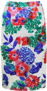 Lola Print Pencil Skirt - style: pencil; fit: body skimming; waist: mid/regular rise; predominant colour: emerald green; occasions: casual, evening, work; length: just above the knee; fibres: cotton - 100%; waist detail: narrow waistband; trends: high impact florals; pattern type: fabric; pattern size: big & busy; pattern: florals; texture group: other - light to midweight