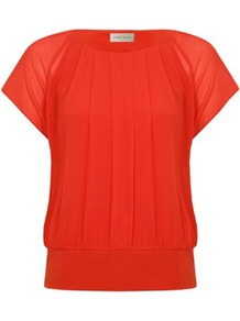 Petite Bubble Hem Blouse - sleeve style: capped; pattern: plain; style: blouse; predominant colour: bright orange; occasions: casual, evening, work, holiday; length: standard; fibres: polyester/polyamide - 100%; fit: straight cut; neckline: crew; sleeve length: short sleeve; texture group: sheer fabrics/chiffon/organza etc.; pattern type: fabric; pattern size: standard