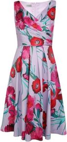 Petite Carnation Print Prom Dress - style: faux wrap/wrap; neckline: v-neck; fit: fitted at waist; sleeve style: sleeveless; waist detail: fitted waist; predominant colour: lilac; occasions: evening, occasion; length: just above the knee; fibres: polyester/polyamide - stretch; hip detail: structured pleats at hip; sleeve length: sleeveless; texture group: sheer fabrics/chiffon/organza etc.; bust detail: tiers/frills/bulky drapes/pleats; pattern type: fabric; pattern size: small & busy; pattern: florals