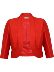Petite Sienna Silk Wool Jacket - pattern: plain; style: bolero/shrug; collar: round collar/collarless; length: cropped; predominant colour: bright orange; occasions: evening, occasion; fit: tailored/fitted; fibres: silk - mix; sleeve length: half sleeve; sleeve style: standard; texture group: structured shiny - satin/tafetta/silk etc.; collar break: low/open; pattern type: fabric; pattern size: standard