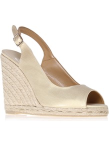 Beso - predominant colour: gold; occasions: casual, holiday; material: fabric; heel height: high; heel: wedge; toe: open toe/peeptoe; style: standard; finish: plain; pattern: plain