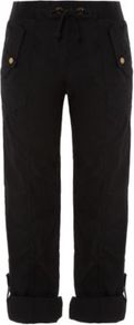 Cotton Cargo Trouser Black - pattern: plain; pocket detail: pockets at the sides; waist detail: belted waist/tie at waist/drawstring; length: below the knee; waist: mid/regular rise; style: cargo; predominant colour: black; occasions: casual; fibres: cotton - 100%; jeans & bottoms detail: turn ups; texture group: cotton feel fabrics; fit: straight leg; pattern type: fabric; pattern size: standard