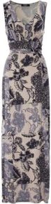Moda Floral Print Maxi Dress Multi - neckline: low v-neck; sleeve style: sleeveless; style: maxi dress; waist detail: fitted waist; predominant colour: stone; occasions: casual, evening, holiday; length: floor length; fit: body skimming; fibres: polyester/polyamide - stretch; hip detail: soft pleats at hip/draping at hip/flared at hip; sleeve length: sleeveless; trends: high impact florals; pattern type: fabric; pattern size: big & busy; pattern: patterned/print; texture group: jersey - stretchy/drapey