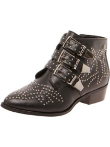 Lottie Buckle Detail Studwork Ankle Boot - predominant colour: black; occasions: casual; material: faux leather; heel height: mid; embellishment: studs; heel: block; toe: round toe; boot length: ankle boot; style: cowboy; finish: plain; pattern: plain