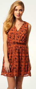 Kylie Aztec Print Self Fabric Belt Wrap Dress - style: faux wrap/wrap; length: mid thigh; neckline: v-neck; fit: fitted at waist; sleeve style: sleeveless; waist detail: fitted waist; predominant colour: bright orange; occasions: casual, evening; fibres: polyester/polyamide - 100%; sleeve length: sleeveless; texture group: sheer fabrics/chiffon/organza etc.; pattern type: fabric; pattern size: small & busy; pattern: patterned/print