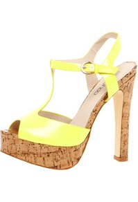 Natalia Cork Block Platform T Bar Neon Heels - predominant colour: yellow; occasions: casual, evening, occasion, holiday; material: faux leather; heel height: high; embellishment: buckles; ankle detail: ankle strap; heel: platform; toe: open toe/peeptoe; style: strappy; trends: fluorescent; finish: fluorescent; pattern: plain