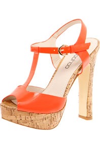 Natalia Cork Block Platform T Bar Neon Heel - predominant colour: bright orange; occasions: casual, evening; material: faux leather; ankle detail: ankle strap; heel: platform; toe: open toe/peeptoe; style: standard; trends: fluorescent; finish: fluorescent; pattern: plain; heel height: very high