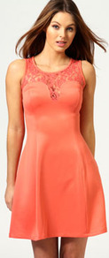 Leela Metallic Lace Neckline Lantern Dress - neckline: round neck; pattern: plain; sleeve style: sleeveless; waist detail: fitted waist; predominant colour: coral; occasions: casual, evening, occasion; length: just above the knee; fit: fitted at waist & bust; style: fit & flare; fibres: polyester/polyamide - stretch; hip detail: soft pleats at hip/draping at hip/flared at hip; bust detail: contrast pattern/fabric/detail at bust; sleeve length: sleeveless; pattern type: fabric; pattern size: standard; texture group: jersey - stretchy/drapey; embellishment: embroidered