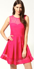 Arina Lace Sweetheart Skater Dress - length: mid thigh; neckline: round neck; pattern: plain; sleeve style: sleeveless; waist detail: twist front waist detail/nipped in at waist on one side/soft pleats/draping/ruching/gathering waist detail; predominant colour: hot pink; occasions: evening, occasion; fit: fitted at waist & bust; style: fit & flare; fibres: polyester/polyamide - 100%; hip detail: sculpting darts/pleats/seams at hip; bust detail: contrast pattern/fabric/detail at bust; shoulder detail: added shoulder detail; sleeve length: sleeveless; trends: fluorescent; pattern type: fabric; pattern size: standard; texture group: jersey - stretchy/drapey; embellishment: embroidered