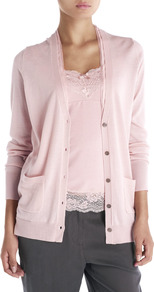 Silk Trim Boyfriend Cardigan - neckline: plunge; pattern: plain; length: below the bottom; predominant colour: pink; occasions: casual, work; style: standard; fibres: wool - 100%; fit: standard fit; sleeve length: long sleeve; sleeve style: standard; texture group: knits/crochet; pattern type: knitted - fine stitch; pattern size: standard