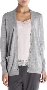 Silk Trim Boyfriend Cardigan - neckline: plunge; sleeve style: extended cuff; pattern: plain; length: below the bottom; predominant colour: mid grey; occasions: casual, work; style: standard; fibres: wool - 100%; fit: standard fit; sleeve length: extra long; texture group: knits/crochet; pattern type: knitted - fine stitch; pattern size: standard