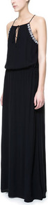 Strappy Long Dress With Beading - neckline: high square neck; sleeve style: sleeveless; style: maxi dress; waist detail: elasticated waist; back detail: racer back/sports back; predominant colour: black; occasions: evening, occasion; length: floor length; fit: body skimming; fibres: polyester/polyamide - 100%; hip detail: soft pleats at hip/draping at hip/flared at hip; sleeve length: sleeveless; trends: modern geometrics; pattern type: fabric; pattern size: small & light; texture group: jersey - stretchy/drapey; embellishment: beading