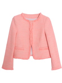 Kidman Open Front Box Jacket Pink - collar: round collar/collarless; length: cropped; style: boxy; pattern: herringbone/tweed; predominant colour: pink; occasions: casual; fit: straight cut (boxy); fibres: cotton - mix; sleeve length: long sleeve; sleeve style: standard; collar break: high/illusion of break when open; pattern type: fabric; pattern size: standard; texture group: tweed - light/midweight