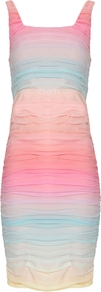 Molly Fitted Rouched Tank Dress - fit: tight; sleeve style: sleeveless; style: vest; back detail: low cut/open back; pattern: tie dye; waist detail: twist front waist detail/nipped in at waist on one side/soft pleats/draping/ruching/gathering waist detail; bust detail: ruching/gathering/draping/layers/pintuck pleats at bust; predominant colour: pink; occasions: evening; length: just above the knee; fibres: polyester/polyamide - stretch; hip detail: ruching/gathering at hip; sleeve length: sleeveless; neckline: low square neck; pattern type: fabric; pattern size: small & light