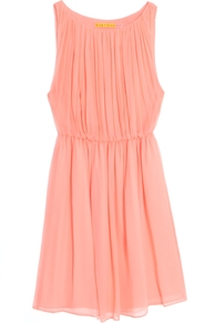 Mary Gathered Blouson Tank Dress - length: mid thigh; neckline: round neck; fit: empire; pattern: plain; sleeve style: sleeveless; style: blouson; waist detail: elasticated waist; bust detail: ruching/gathering/draping/layers/pintuck pleats at bust; predominant colour: coral; occasions: evening, occasion; fibres: silk - 100%; hip detail: soft pleats at hip/draping at hip/flared at hip; sleeve length: sleeveless; texture group: silky - light; pattern type: fabric; pattern size: standard