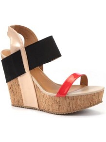 Dolcis Coral Contrast Strap Wedges - occasions: casual, evening, holiday; predominant colour: multicoloured; material: faux leather; heel: wedge; toe: open toe/peeptoe; style: standard; finish: patent; pattern: colourblock; heel height: very high