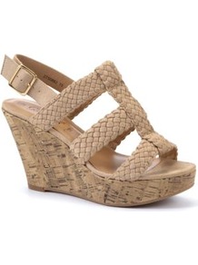 Nude Woven Cage Strap Wedges - predominant colour: champagne; occasions: casual, holiday; material: fabric; heel height: high; ankle detail: ankle strap; heel: wedge; toe: open toe/peeptoe; style: strappy; finish: plain; pattern: plain