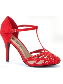 Red Stud T Bar Heel Courts - predominant colour: true red; occasions: evening, occasion; material: fabric; heel height: high; embellishment: studs; ankle detail: ankle strap; heel: stiletto; toe: round toe; style: t-bar; finish: plain; pattern: plain