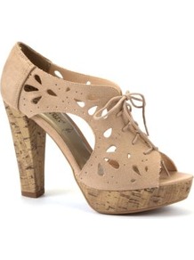 Nude Lace Up Cut Out Cork Heels - predominant colour: stone; occasions: casual, evening; material: fabric; heel height: high; heel: platform; toe: open toe/peeptoe; boot length: shoe boot; style: standard; finish: plain; pattern: plain