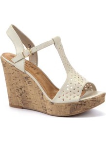 Wide Fit White Cut Out T Bar Wedges - predominant colour: white; occasions: casual, evening, holiday; material: faux leather; heel height: high; embellishment: studs; ankle detail: ankle strap; heel: wedge; toe: open toe/peeptoe; style: standard; finish: plain; pattern: plain
