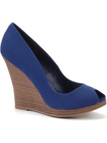 Blue Peeptoe Canvas Wedges - predominant colour: royal blue; occasions: casual, evening; material: fabric; heel: wedge; toe: open toe/peeptoe; style: courts; finish: plain; pattern: plain; heel height: very high