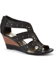 Black Cut Out Strap Wedges - predominant colour: black; occasions: casual, evening, holiday; material: faux leather; heel height: mid; embellishment: zips; ankle detail: ankle strap; heel: wedge; toe: open toe/peeptoe; style: strappy; finish: plain; pattern: plain