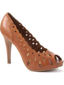 Tan Leather Cut Out Peep Toe Heels - predominant colour: tan; occasions: evening, work; material: leather; heel height: high; heel: platform; toe: open toe/peeptoe; style: courts; finish: plain; pattern: plain