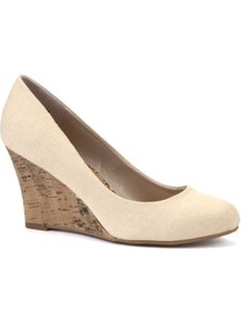 Nude Canvas Cork Wedge Shoes - predominant colour: ivory; occasions: casual, evening, work; material: fabric; heel height: high; heel: wedge; toe: round toe; style: courts; finish: plain; pattern: plain