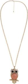Gold And Coral Stone Owl Necklace - predominant colour: gold; occasions: casual, evening, work, occasion, holiday; style: pendant; length: long; size: standard; material: chain/metal; trends: metallics; finish: plain; embellishment: jewels