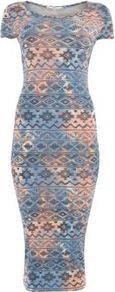 Blue And Orange Tie Dye Aztec Cap Sleeve Midi Dress - length: calf length; neckline: round neck; fit: tight; pattern: plain; style: bodycon; occasions: casual, evening, work; fibres: polyester/polyamide - stretch; predominant colour: multicoloured; sleeve length: short sleeve; sleeve style: standard; texture group: jersey - clingy; trends: statement prints; pattern type: fabric; pattern size: standard