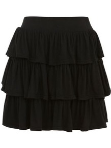 Black Jersey Tiered Mini Skirt - length: mid thigh; pattern: plain; fit: loose/voluminous; style: tiered; waist: high rise; predominant colour: black; occasions: casual, evening, holiday; fibres: viscose/rayon - stretch; waist detail: narrow waistband; hip detail: ruffles/tiers/tie detail at hip; pattern type: fabric; texture group: jersey - stretchy/drapey