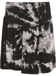 Black Tie Dye Yoke Skater Skirt - length: mid thigh; fit: loose/voluminous; waist detail: wide waistband/cummerbund; waist: mid/regular rise; secondary colour: light grey; predominant colour: black; occasions: casual, holiday; style: asymmetric (hem); fibres: cotton - stretch; hip detail: soft pleats at hip/draping at hip/flared at hip; pattern type: fabric; pattern size: standard; pattern: patterned/print; texture group: jersey - stretchy/drapey