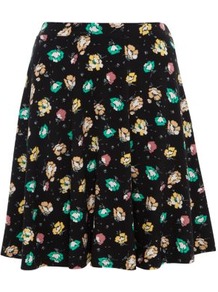 Black Floral Print Skater Skirt - length: mid thigh; fit: loose/voluminous; waist: mid/regular rise; predominant colour: black; occasions: casual; style: a-line; fibres: viscose/rayon - stretch; trends: statement prints; pattern type: fabric; pattern size: small & light; pattern: florals; texture group: other - light to midweight