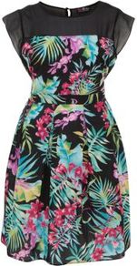 Tropical Print Dress - sleeve style: capped; waist detail: fitted waist; back detail: tie detail at back; shoulder detail: contrast pattern/fabric at shoulder; occasions: evening, occasion, holiday; length: just above the knee; fit: fitted at waist & bust; style: fit & flare; fibres: polyester/polyamide - 100%; neckline: crew; hip detail: soft pleats at hip/draping at hip/flared at hip; bust detail: contrast pattern/fabric/detail at bust; predominant colour: multicoloured; sleeve length: short sleeve; trends: high impact florals; pattern type: fabric; pattern size: standard; pattern: patterned/print; texture group: other - light to midweight