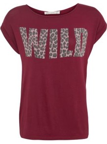 Plum Wild Animal Slogan T Shirt - neckline: round neck; sleeve style: capped; style: t-shirt; predominant colour: burgundy; occasions: casual, holiday; length: standard; fibres: cotton - stretch; fit: straight cut; sleeve length: short sleeve; pattern type: fabric; pattern size: small & light; pattern: patterned/print; texture group: jersey - stretchy/drapey