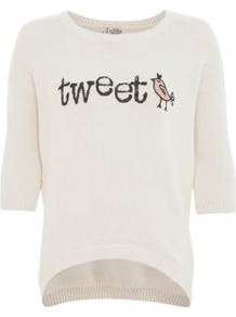Cream Tweet Bird Curve Hem Jumper - neckline: round neck; style: standard; predominant colour: ivory; occasions: casual; length: standard; fibres: acrylic - 100%; fit: standard fit; bust detail: contrast pattern/fabric/detail at bust; back detail: longer hem at back than at front; sleeve length: half sleeve; sleeve style: standard; texture group: knits/crochet; pattern type: knitted - other; pattern size: big & light; pattern: patterned/print