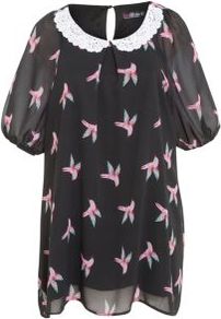 Black Bird Print Crochet Collar Tunic - sleeve style: puffed; length: below the bottom; style: tunic; secondary colour: pink; predominant colour: black; occasions: casual, evening; fibres: polyester/polyamide - 100%; fit: loose; neckline: no opening/shirt collar/peter pan; back detail: keyhole/peephole detail at back; sleeve length: short sleeve; texture group: sheer fabrics/chiffon/organza etc.; pattern type: fabric; pattern size: small & light; pattern: patterned/print; embellishment: embroidered
