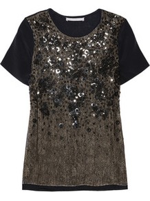 Embellished Lace And Jersey T Shirt - neckline: round neck; style: t-shirt; back detail: contrast pattern/fabric at back; predominant colour: black; occasions: evening, occasion, holiday; length: standard; fibres: silk - mix; fit: body skimming; sleeve length: short sleeve; sleeve style: standard; texture group: sheer fabrics/chiffon/organza etc.; pattern type: fabric; pattern size: small & busy; pattern: patterned/print; embellishment: beading