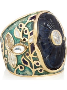 18 Karat Gold Plated Enameled Ring - predominant colour: navy; secondary colour: sage; occasions: casual, evening, occasion, holiday; style: cocktail; size: large/oversized; material: chain/metal; finish: metallic; embellishment: crystals